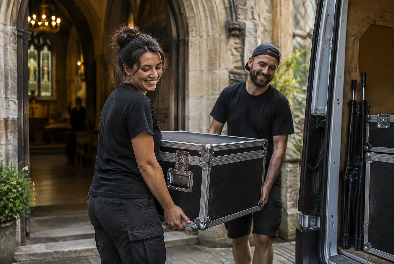 Two church volunteers carrying a flight case of equipment to a van